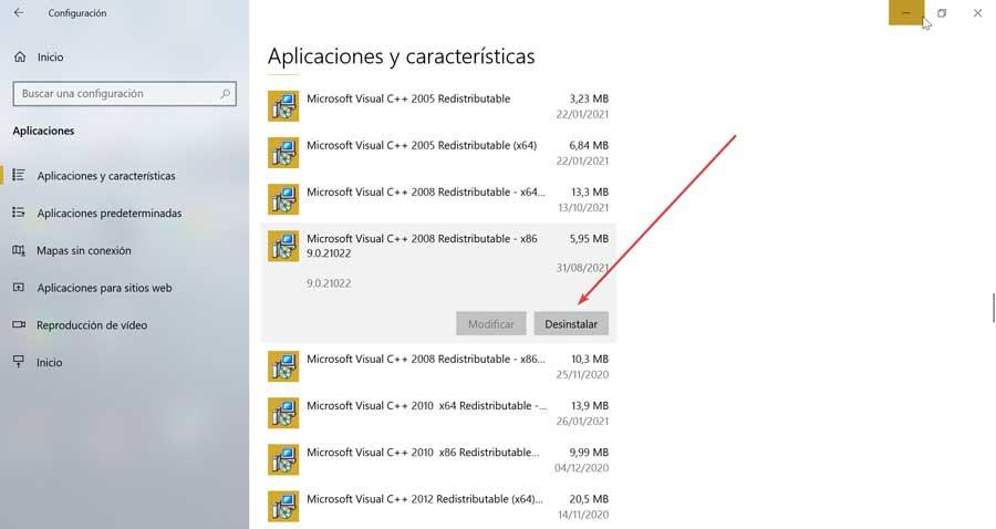 Desinstalar un paquete Microsoft Visual C++ Redistributable