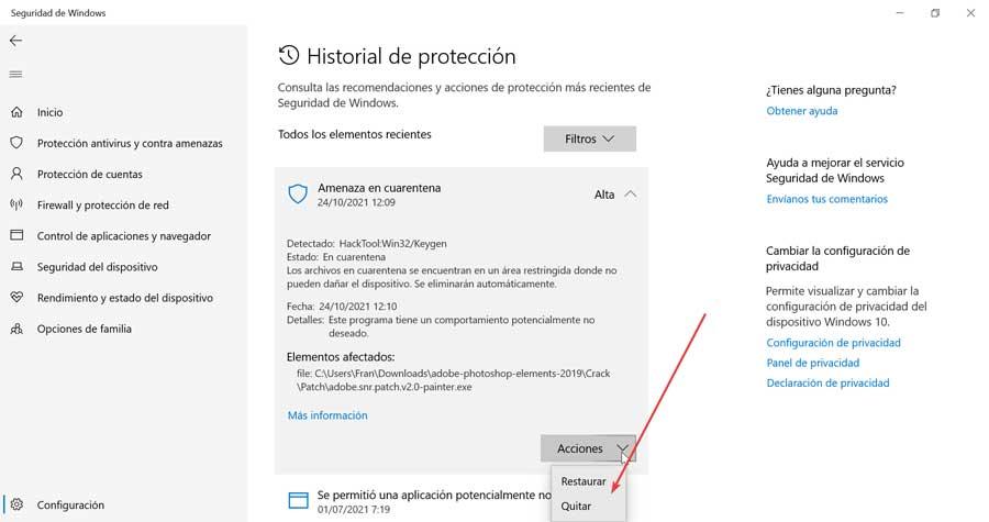 Historial de protección de Windows Defender