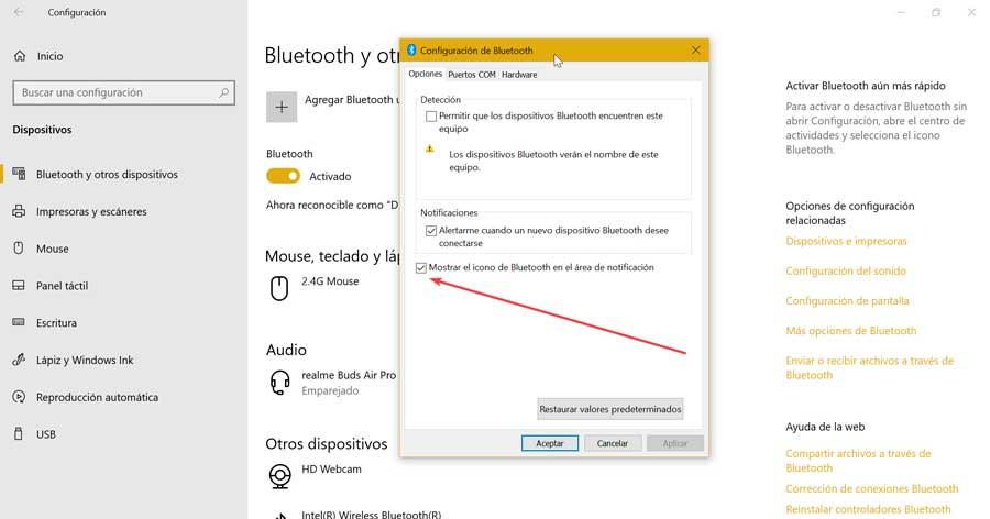 Mostrar el icono de Bluetooth en el área de notificación