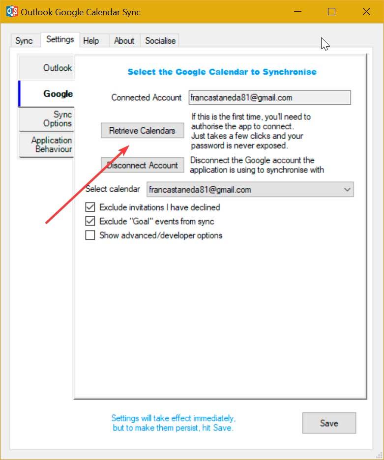 Outlook Google Calendar Sync recuperar calendario