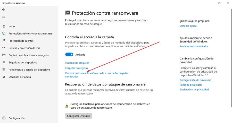 Seguridad de Windows Permitir que una aplicación acceda a una de las carpetas controladas