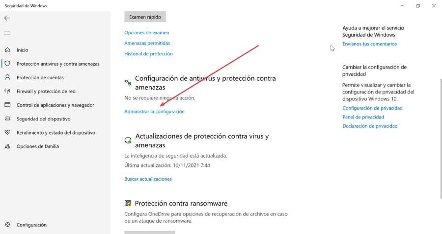 Seguridad de Windows administrar la configuración
