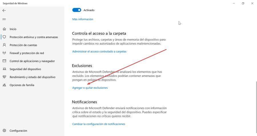 Seguridad de Windows agregar o quitar exclusiones