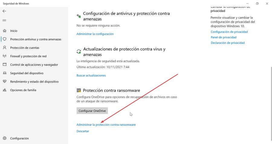 Windows Defender Administrar protección contra ransomware