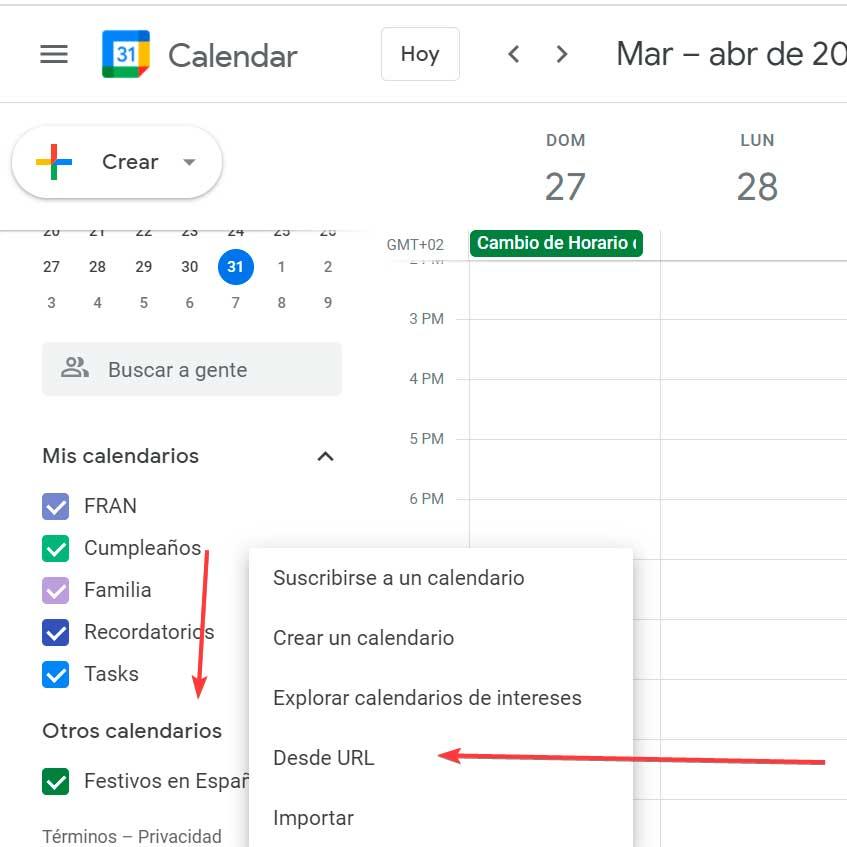 Google añadir calendario desde URL