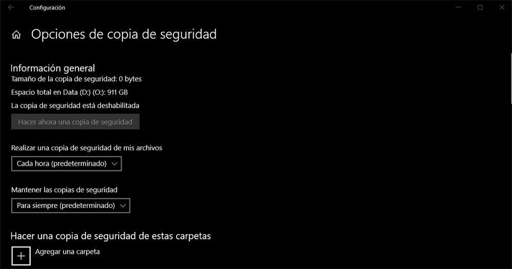 Opciones de copia de seguridad Windows 10