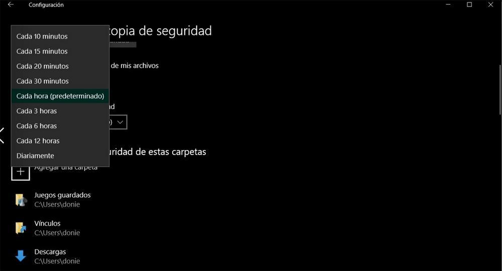Opciones de tiempo copia de seguridad Windows 10