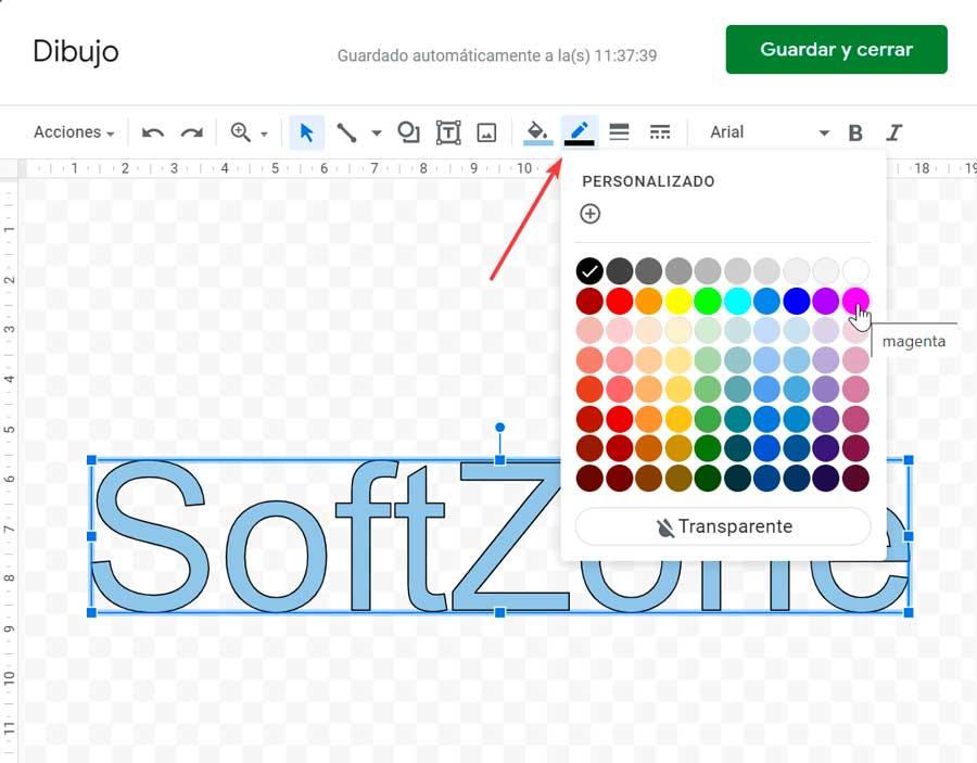 Color de borde de WordArt en Docs y Sheets