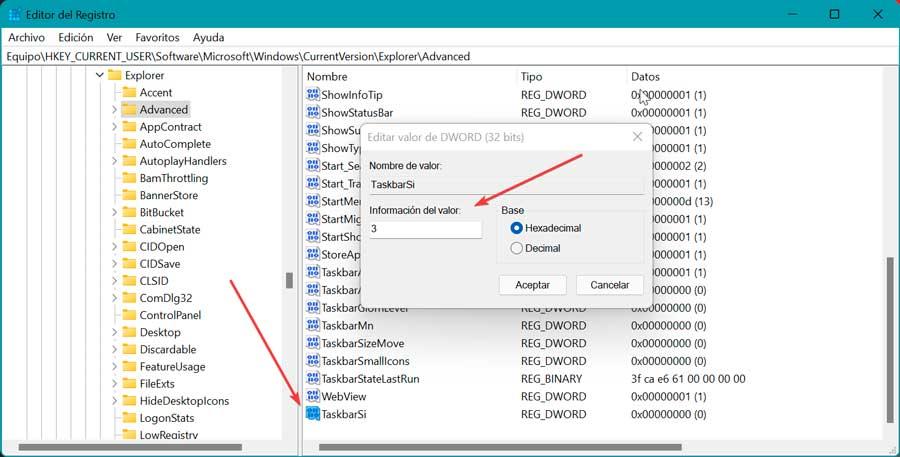 Editar TaskbarSi en Registro de Windows 11