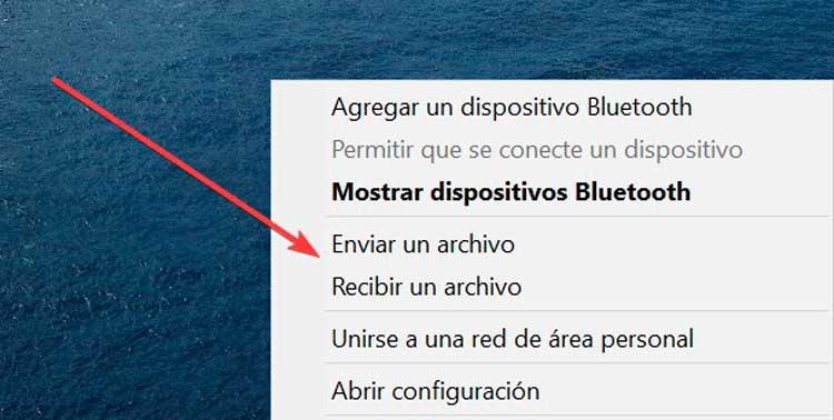 Enviar archivo desde botón de Bluetooth en Windows 10