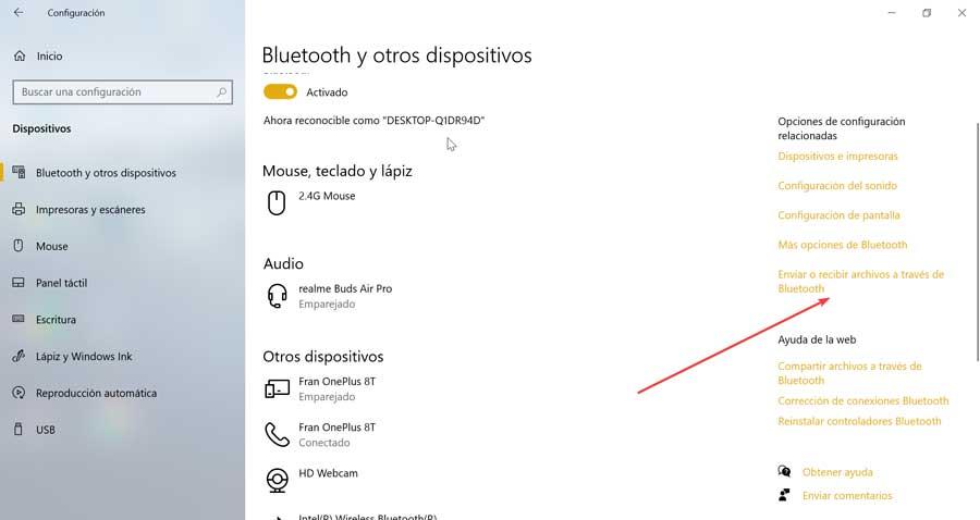 Enviar o recibir archivos por Bluetooth en Configuración de Windows 10