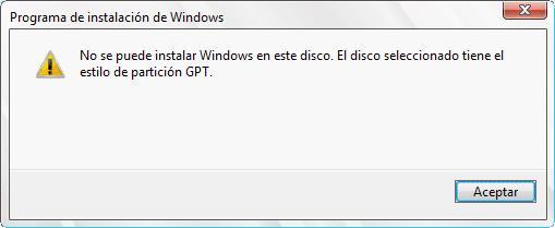 Error GPT instalar Windows