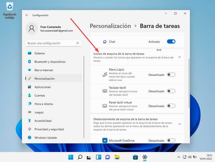 Iconos de las esquinas de la barra de tareas ja Windows 11