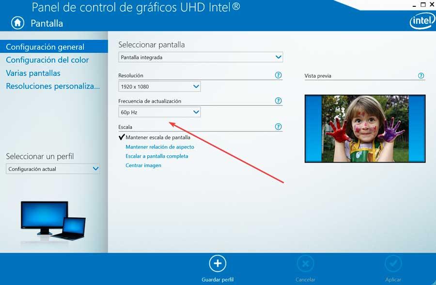 Panel de control de gráficos UHD Intel frecuencia de actualización