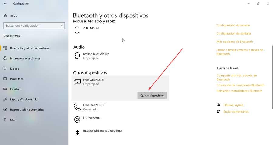 Quitar dispositivo Bluetooth en Windows 10