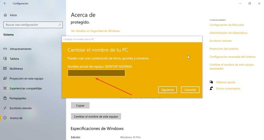 Windows 10-skriver nuevo nombre til pc
