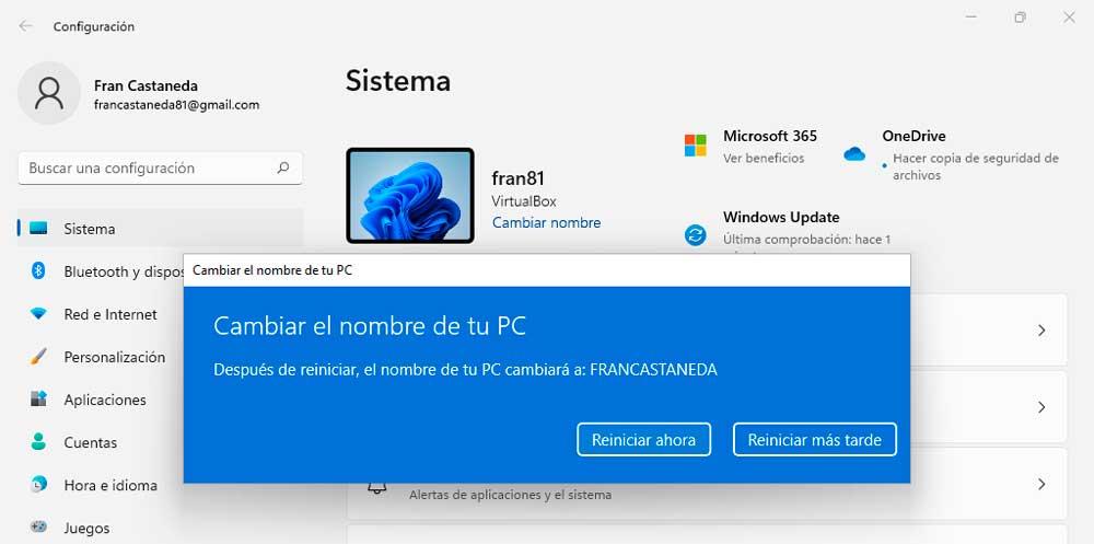Windows 11 nombre cambiado y reniciar