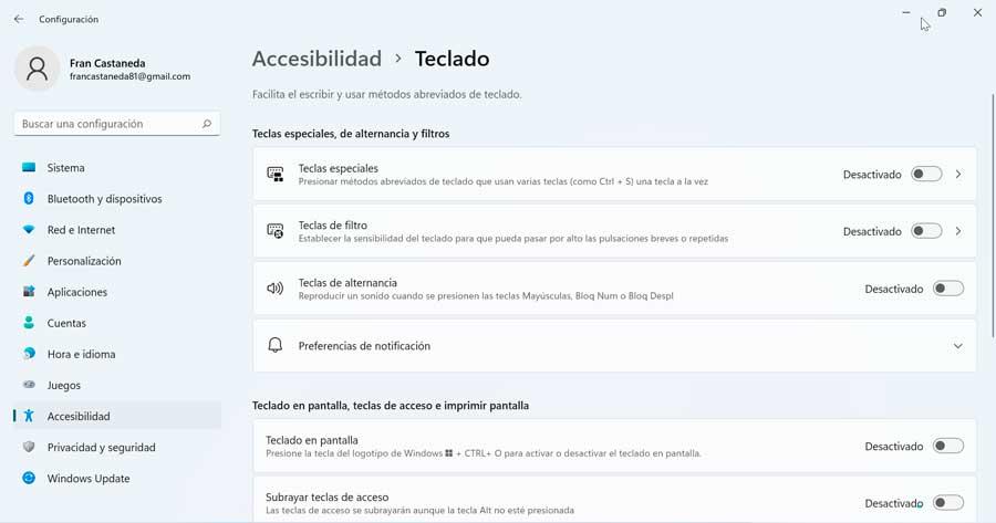 Zugang und Teclado unter Windows 11