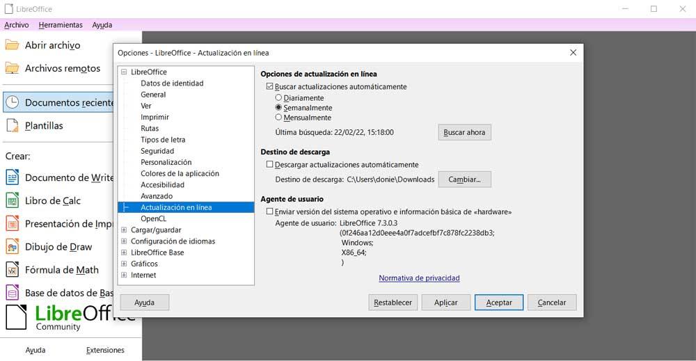 Aktualisering på linjen LibreOffice
