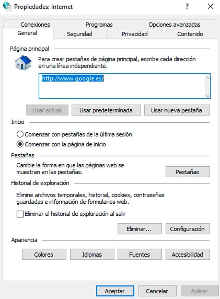 Opciones de Internet en Windows 10 General