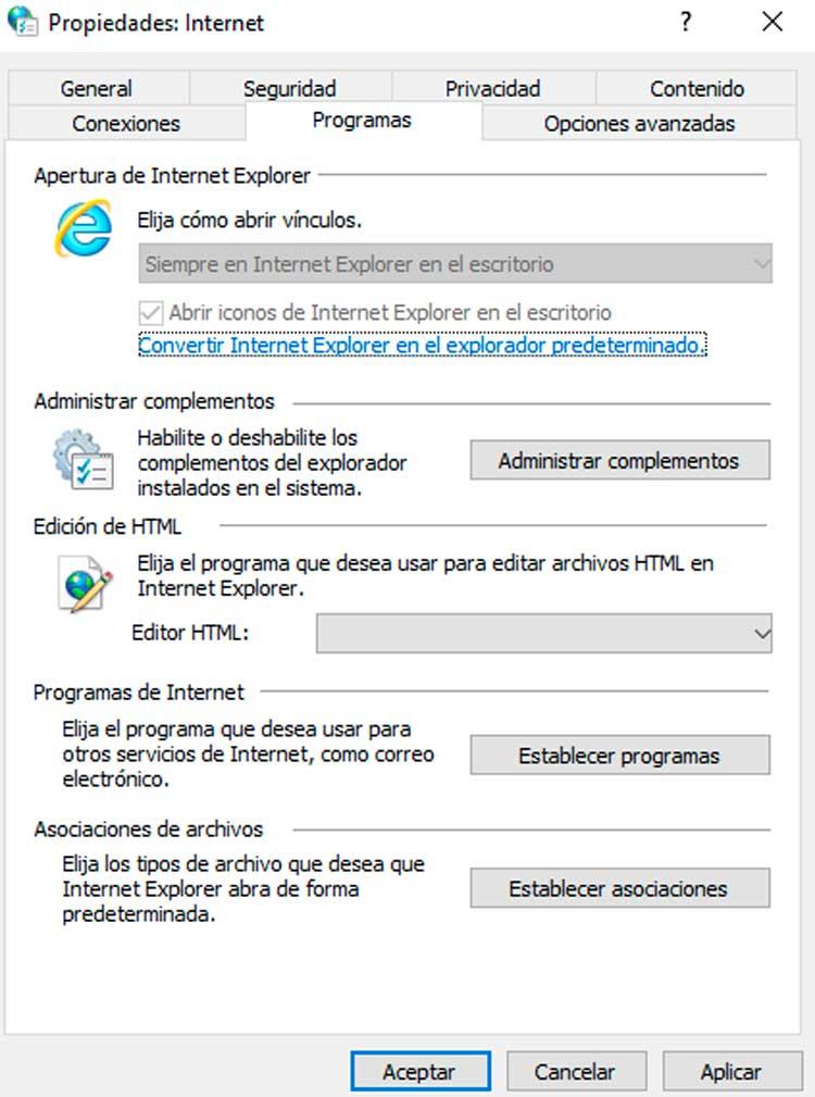 Opciones de Internet en Windows 10 Programas