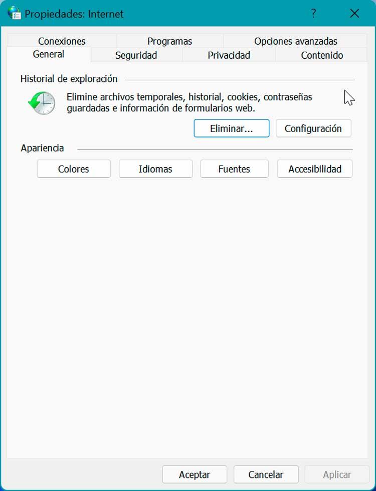 Opciones de Internet en Windows 11 General