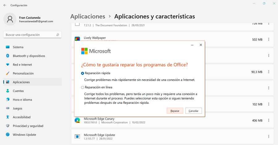 Reparar Microsoft 365 en Windows 11