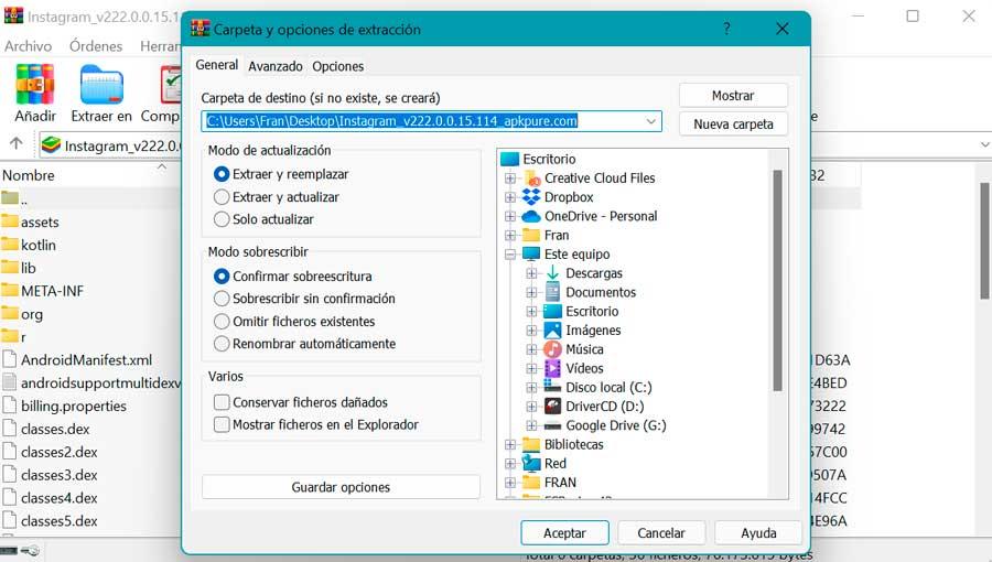 WinRAR extraer archivos APK