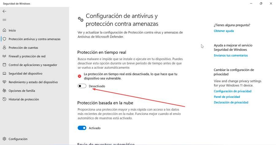 Windows Defender desactivar protección en tiempo real