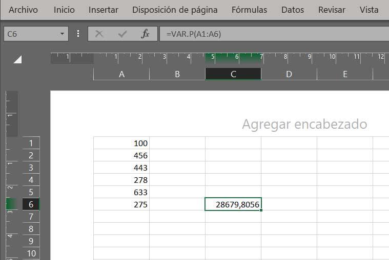 varianza Excel ejemplo