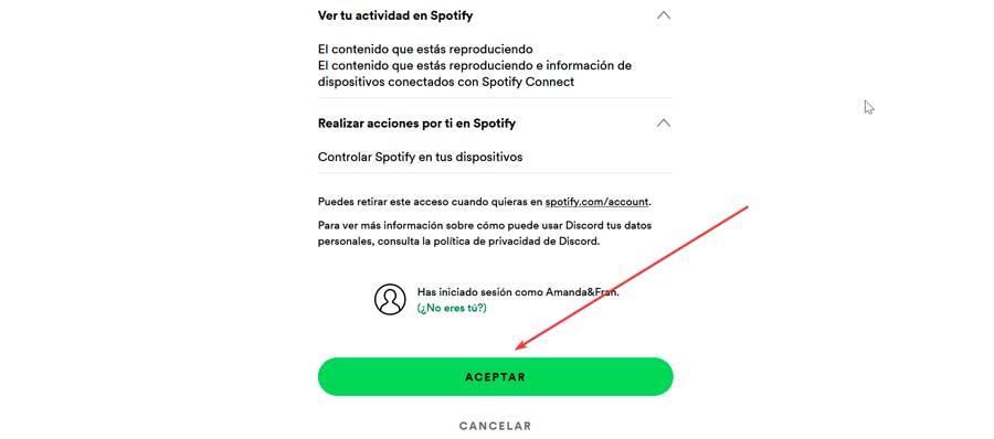Aceptar うそで Spotify en Discord