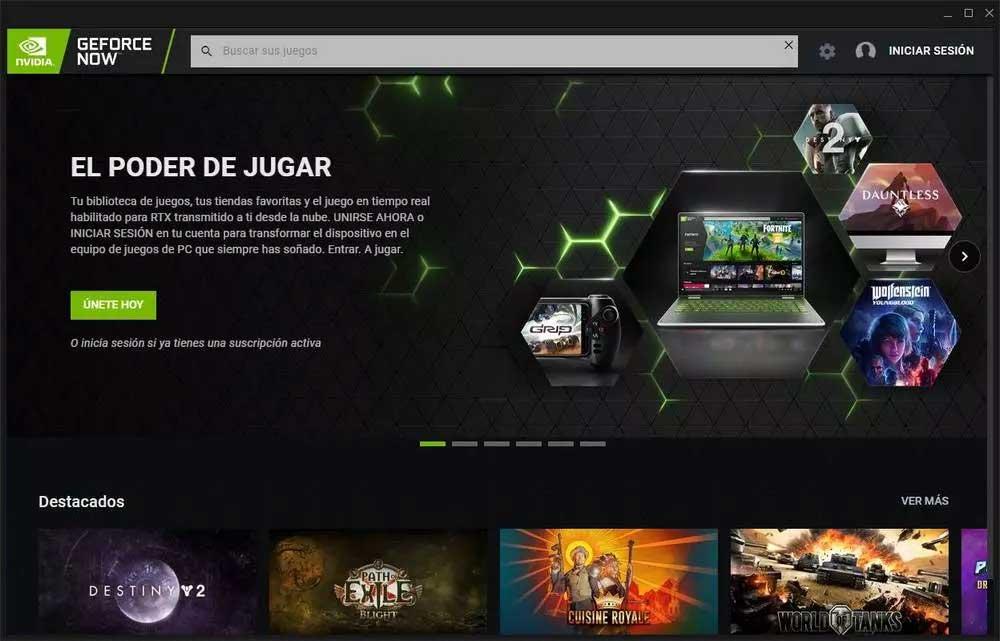 NVIDIA GeForce Now -liittymä