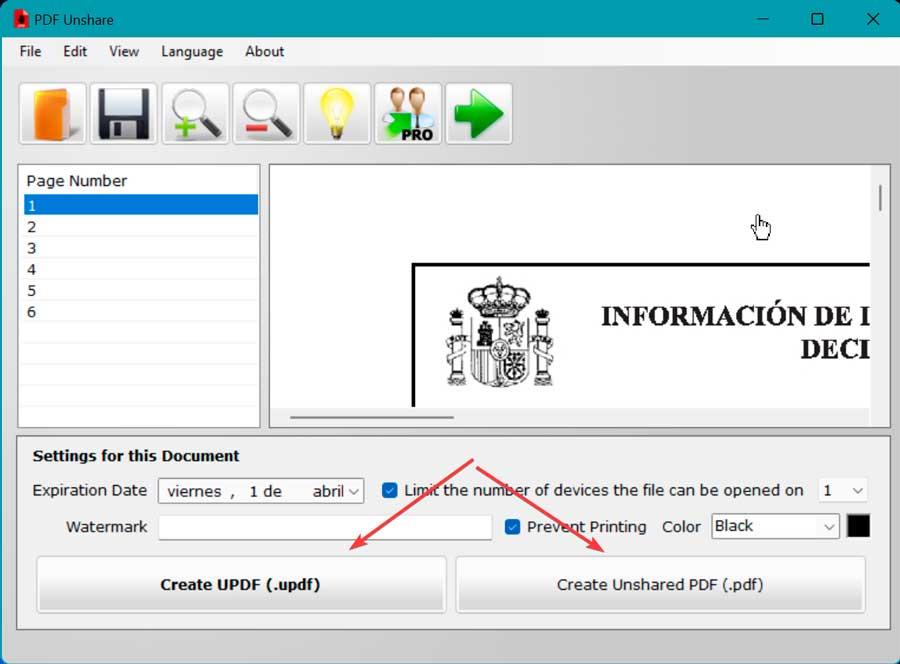 PDF Unshare crear archivo protegido