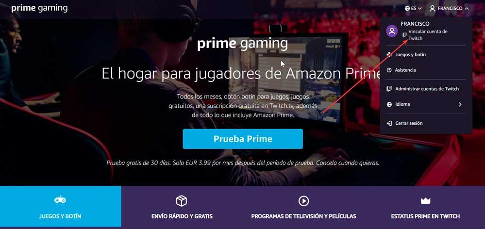 Prime gaming vincular con Twitch