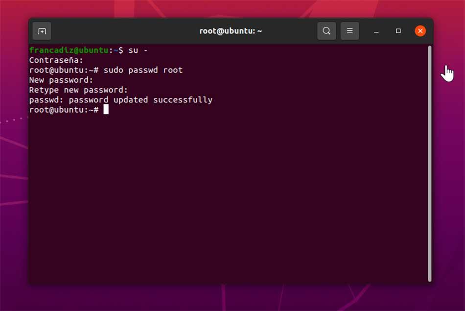 Terminal för Linux cambiar kontraseña av root
