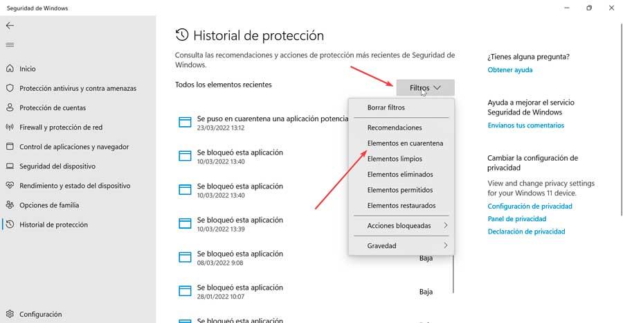 Windows Defender-filtrerar med element och cuarentena