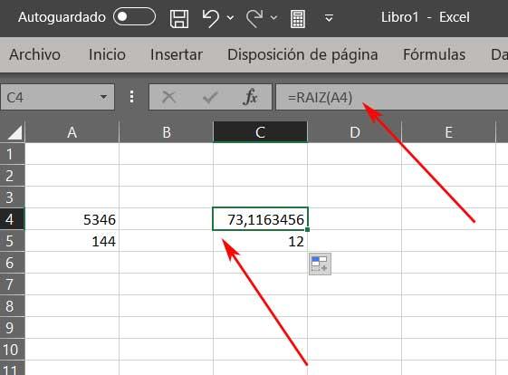 formula raiz Excel