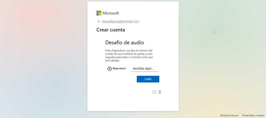Crear cuenta Hotmail u Outlook desafío de audio