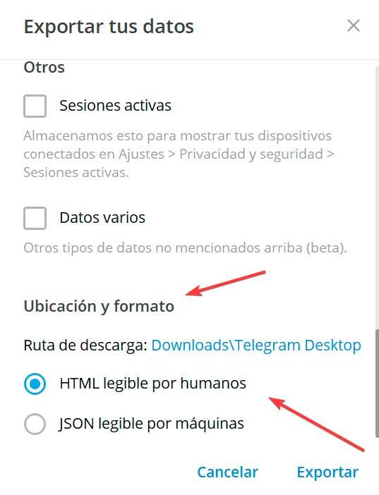 Telegram exportar tus datos ubicación y formato