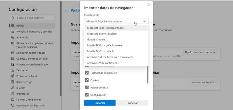Edge výběr navegador pro import
