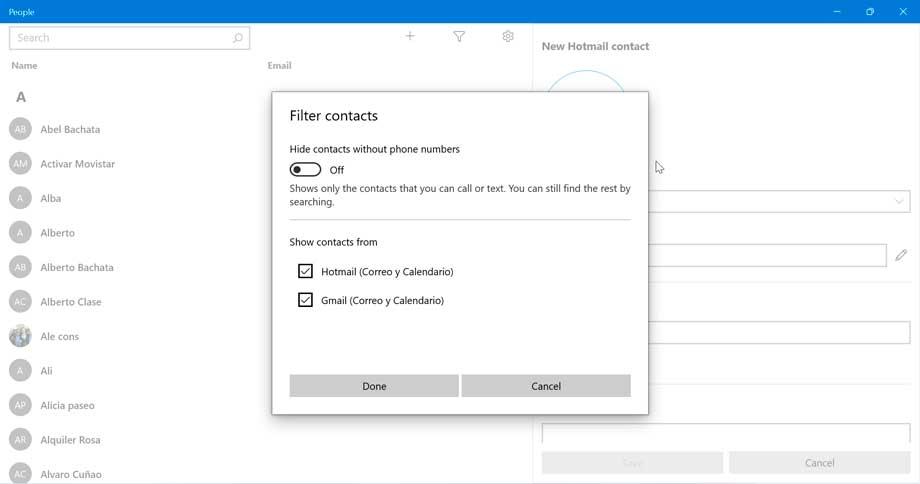 Filtrar contactos en People de Windows 11