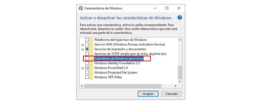 Activar el Subsistema de Windows voor Linux