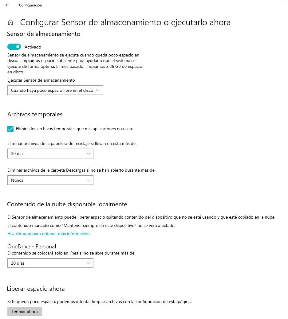 Sensor almacenamiento Windows 10