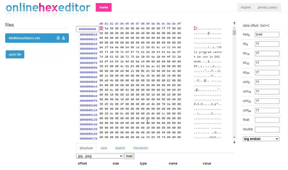 Editor hexadecimal on-line