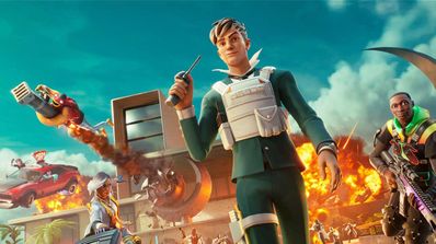 Varios personajes icónicos de Fortnite, como Peely y Fishstick, posando en un arte promocional del juego.
