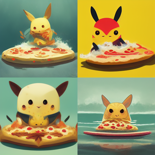 Pikachu surfing on a pizza - Midjourney