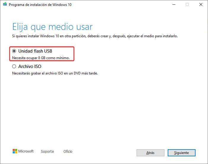 Medio instalación Windows 10