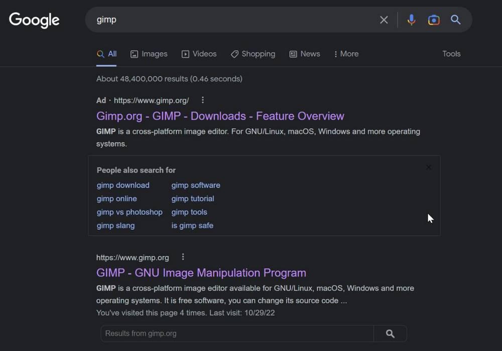 GIMP anuncio falso en Google