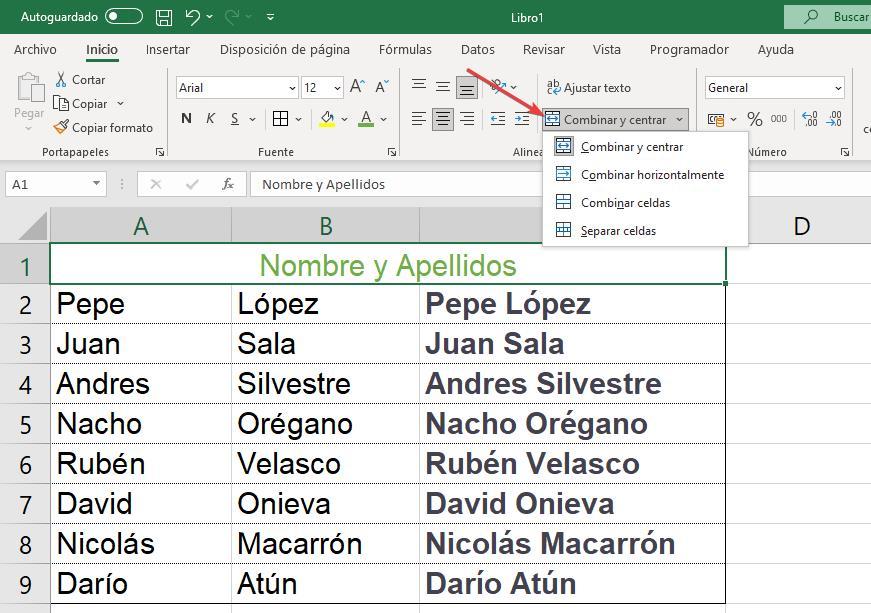 Combinar celdas Excel