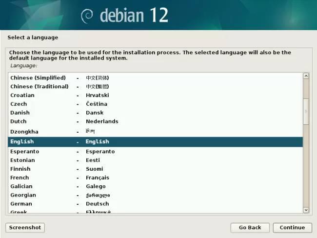 Selecione o idioma ao instalar o Debian 12